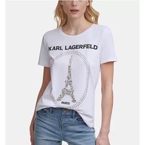 NWT Karl Lagerfeld PARIS white Tee with Silver sparkly beaded Eiffel Tower